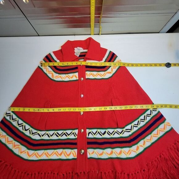 Vintage 70s Red Southwestern Knit Button Down Poncho Hippie Red - Picture 11 of 12